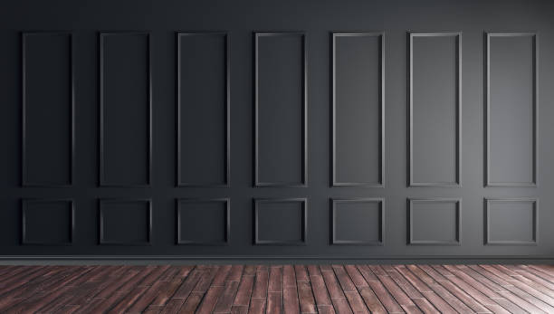 Dark interior wall with classical wooden molding. 3d rendering illustration of living room with luxury dark plaster wall, molding and hardwood floor. Classic interior on sunny morning. black wainscoting stock pictures, royalty-free photos & images