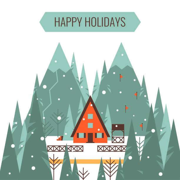Winter mountain landscape with country house, mountains, forest, ski tracks. winter holiday vacation and skiing concept vector illustration.
