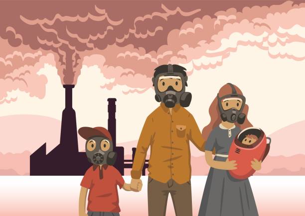 ilustrações, clipart, desenhos animados e ícones de família em máscaras de gás no fundo de chaminés industriais de fumar. problemas ambientais, poluição do ar. ilustração em vetor plana. horizontal. - nuclear power station nuclear energy child nuclear reactor