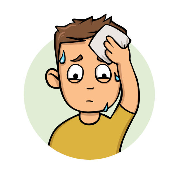 Young sweating man wipes his forehead. Flat design icon. Flat vector illustration. Isolated on white background. Young sweating man wipes his forehead. Flat design icon. Colorful flat vector illustration. Isolated on white background. sweating cartoons stock illustrations