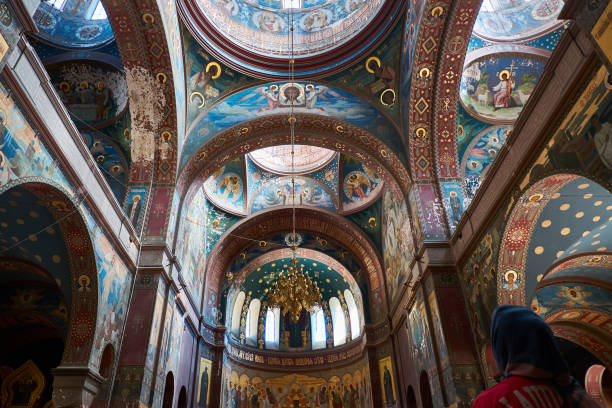 christian church interior vaults. new athos monastery 1875 year built, abkhazia - church indoors inside of monastery imagens e fotografias de stock