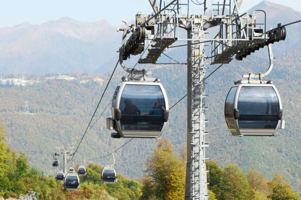 cable car road with grey cabines at mountain landscape. Sochi, Rosa Khutor