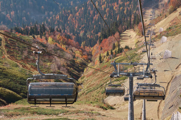 istock cable car road with grey cabines at autumn forest landscape. Soshi, Rosa Khutor 1058350820