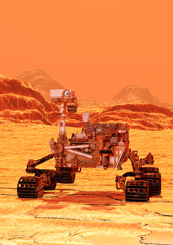 3D rendering of a Mars rover space vehicle on a red planet landscape background