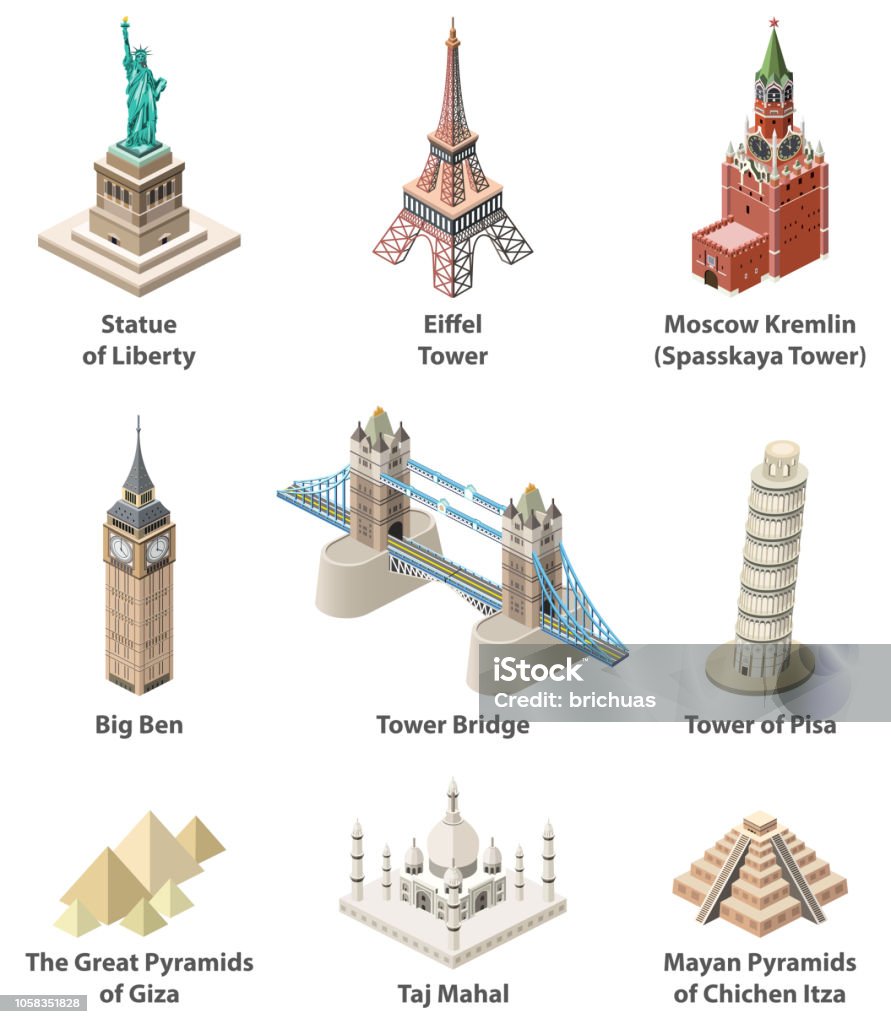 Famous world landmarks vector isometric high detailed icons isolated on white background Isometric Projection stock vector