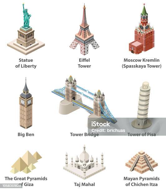 Famous World Landmarks Vector Isometric High Detailed Icons Isolated On White Background Stock Illustration - Download Image Now