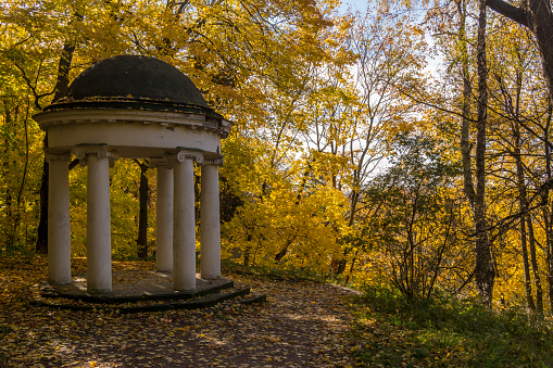 Rotunda gazebo in the autumn Park. Gorky Leninskie, Lenin hills, Russia, the last location of Vladimir Lenin.