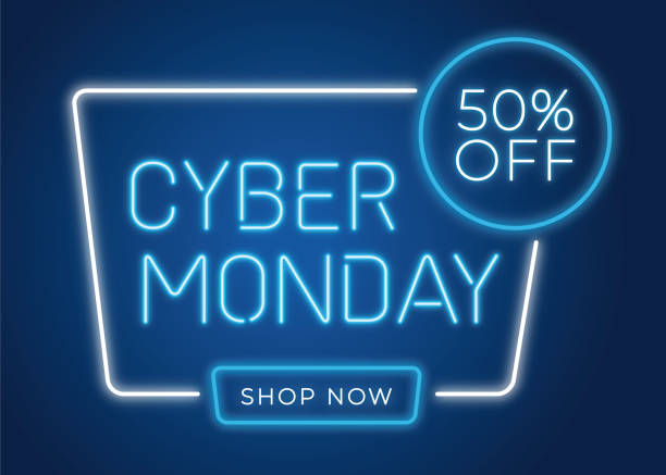 Cyber Monday banner in fashionable neon style, luminous signboard, nightly advertising advertisement of sales rebates of cyber Monday. Cyber Monday banner in fashionable neon style, luminous signboard, nightly advertising advertisement of sales rebates of cyber Monday. - Illustration monday night stock illustrations
