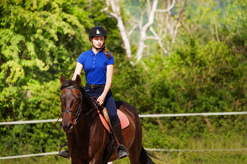 Portrait of horsewoman with show jumping horse during open competition