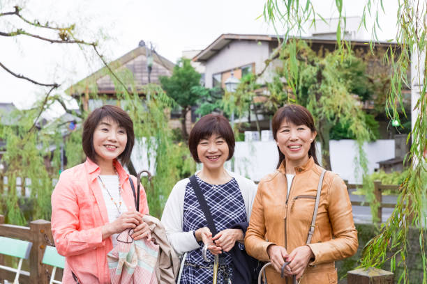 Japanese female friends walking along river