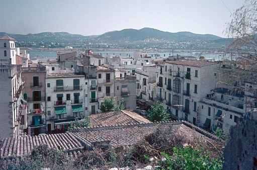 Ibiza Town, Ibiza, Catalonia, Spain, 1975. View over part of the old town and the port of Ibiza Town (seen from the citadel).