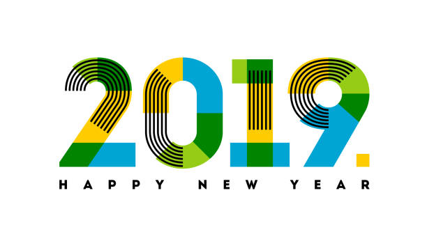 ilustraciones, imágenes clip art, dibujos animados e iconos de stock de números multicoloras 2019 con rayas y feliz año nuevo saludos aislados sobre fondo blanco - 2019