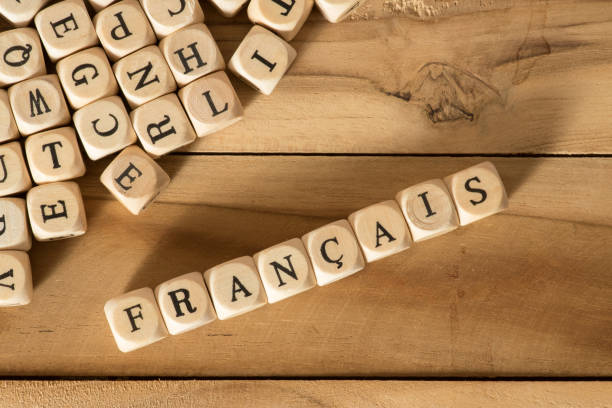 lettere di legno e la parola francese - french culture text classroom learning foto e immagini stock