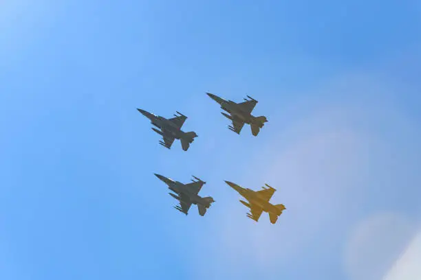 F-16 Fighting Falcon jets flying in formation in mid-air from their training grounds on the island of Vlieland to the Leeuwarden airbase.