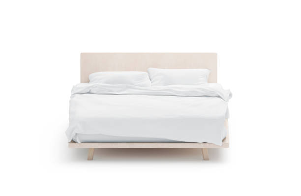 Blank white bed mockup, front view, isolated, Blank white bed mockup, front view, isolated, 3d rendering. Empty tucked bedstead with pillows and blanket mock up. Clear bedclothes template. Place for sleep with mattress, pilow and duvet. beds stock pictures, royalty-free photos & images