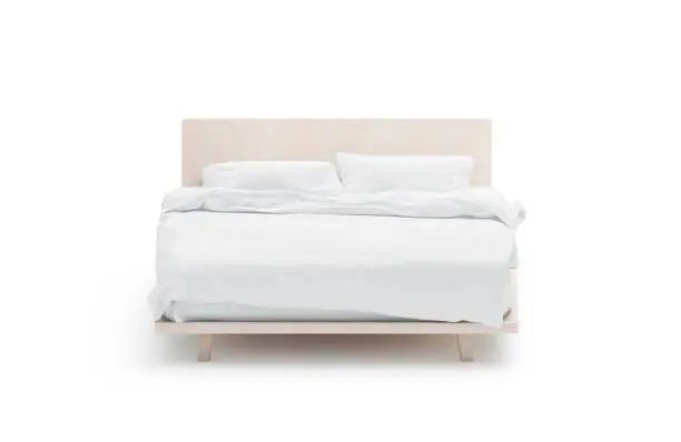 Photo of Blank white bed mockup, front view, isolated,