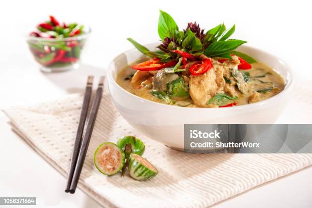 Thai Green Curry With Chicken With Modern Styling Stock Photo - Download Image Now - Thai Culture, Curry - Meal, Chicken Meat