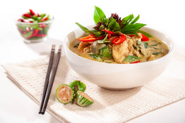 thai green curry with chicken with modern styling - thai culture thai cuisine spice ingredient imagens e fotografias de stock