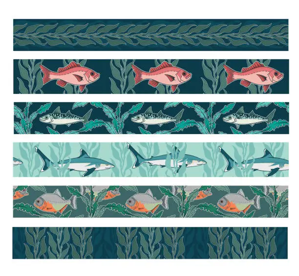 Vector illustration of Collection of swimming fish seamless patterns