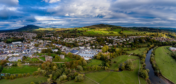 Aerial view of the Welsh Town Abergavenny near Brecon Beacons Wales