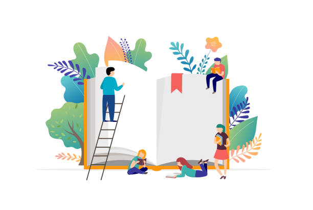 ilustrações de stock, clip art, desenhos animados e ícones de book festival concept - a group of tiny people reading a huge open book. vector illustration, poster and banner - library bookshelf book education