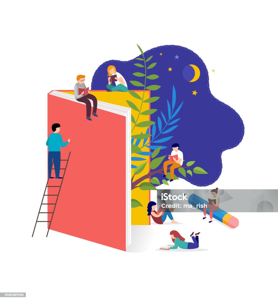 Book festival concept - a group of tiny people reading a huge open book. Vector illustration, poster and banner Book festival concept illustration - a group of tiny people reading a huge open book. Vector illustration, poster and banner Book stock vector