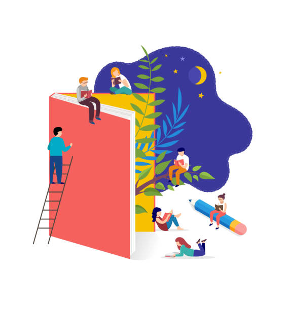 Book festival concept - a group of tiny people reading a huge open book. Vector illustration, poster and banner Book festival concept illustration - a group of tiny people reading a huge open book. Vector illustration, poster and banner boy and girl reading stock illustrations