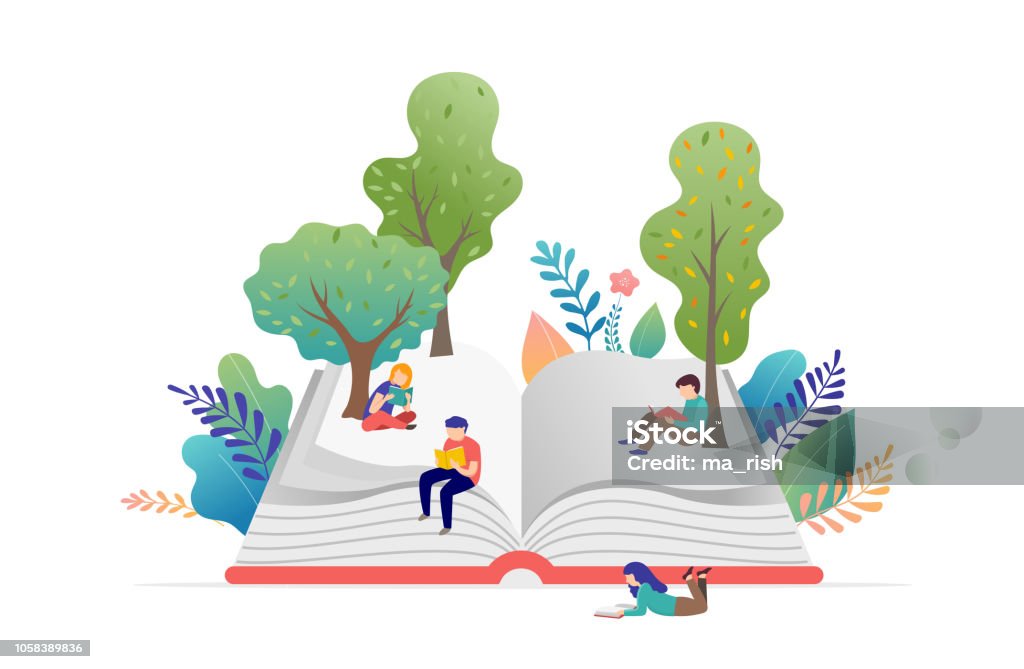 Concept de festival livre - un groupe de petites gens qui lisent un grand livre ouvert. Bannière, affiche et illustration vectorielle - clipart vectoriel de Bibliothèque libre de droits Concept de festival livre - un groupe de petites gens qui lisent un grand livre ouvert. Bannière, affiche et illustration vectorielle - clipart vectoriel de Bibliothèque libre de droits