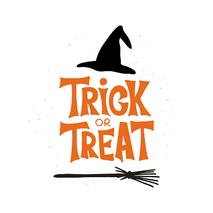 Trick or Treat - celebration lettering typography. Halloween poster with witch hat and broom. Design for greeting card, party invitation, banner, postcard. Vector illustration.