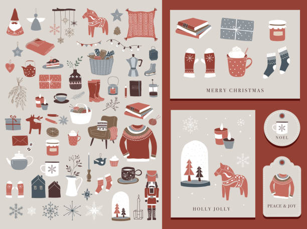 nordic, skandinavischen winter elemente und hygge konzeption, weihnachtskarte, banner, hintergrund - first day of christmas stock-grafiken, -clipart, -cartoons und -symbole