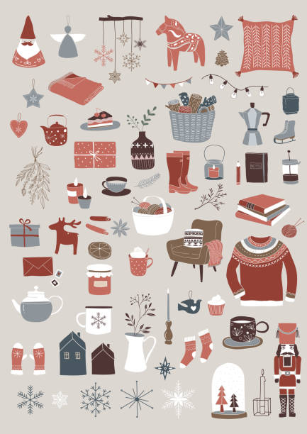 nordic, skandinavischen winter elemente und hygge konzeption, weihnachtskarte, banner, hintergrund - first day of christmas stock-grafiken, -clipart, -cartoons und -symbole