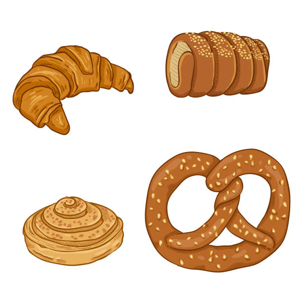 ilustraciones, imágenes clip art, dibujos animados e iconos de stock de vector de dibujos animados conjunto de frescos al horno artículos de pastelería. postres y aperitivos. - pretzel sesame vector snack