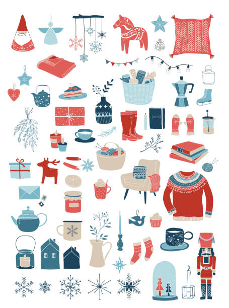 Nordic, Scandinavian winter elements and Hygge concept design, Merry Christmas card, banner, background Nordic, Scandinavian winter elements and Hygge concept design, Merry Christmas card, banner, background, hand drawn vector illustrations winter icons stock illustrations
