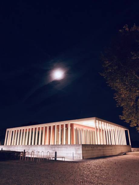 Marbach, Germany - October, 10, 2018: LiMo building (Literaturmuseum der Moderne, Literature museum of the modern) under the moon. It displays the most important german writers and poets from 1900 to now.