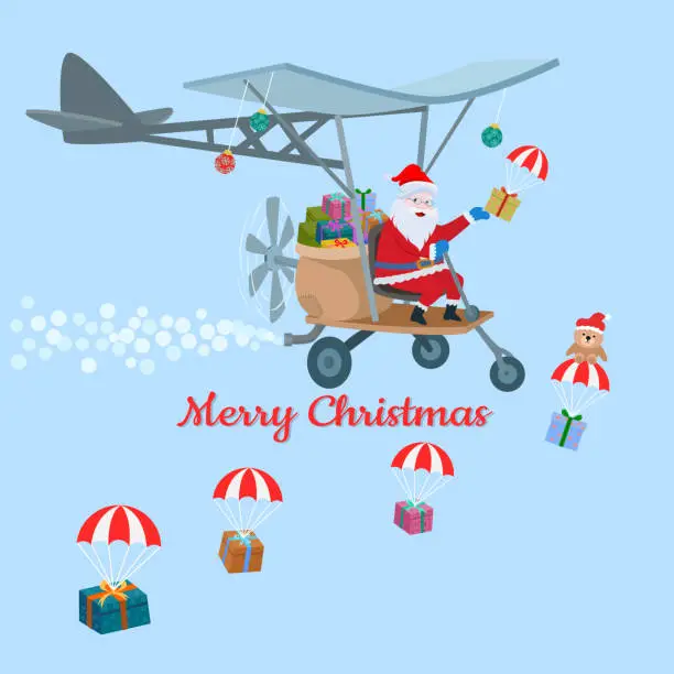 Vector illustration of santa claus on plane with gift box christmas card design.