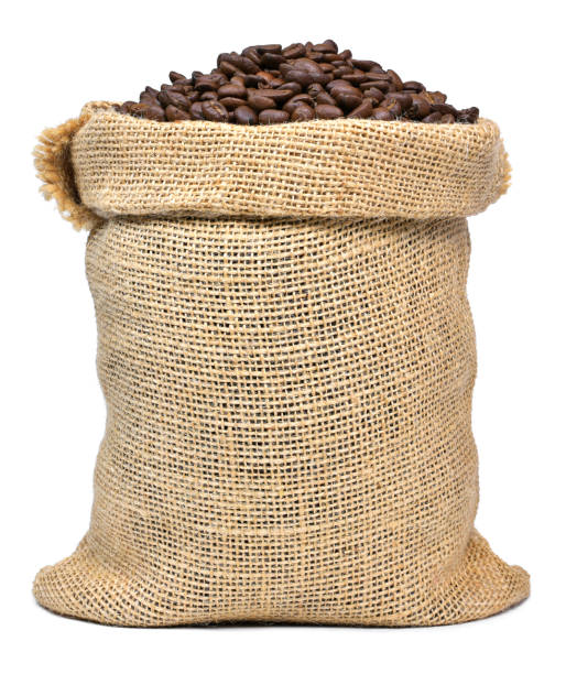 roasted coffee beans in a burlap sack - sack burlap bag roasted imagens e fotografias de stock