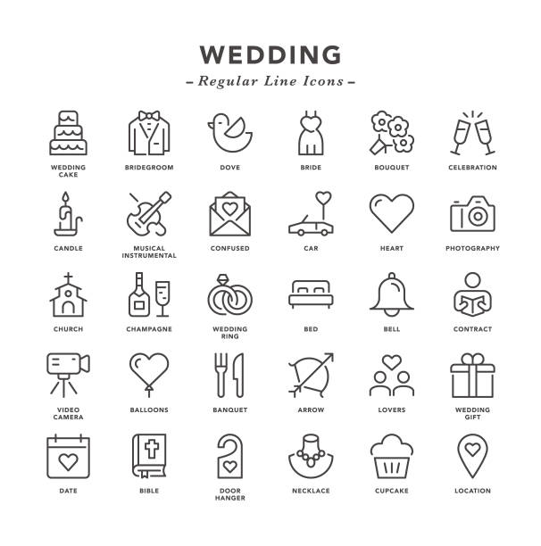 ślub - regularne ikony linii - tort weselny stock illustrations