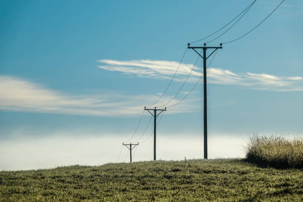 Electrical power line over misty field. stock photo