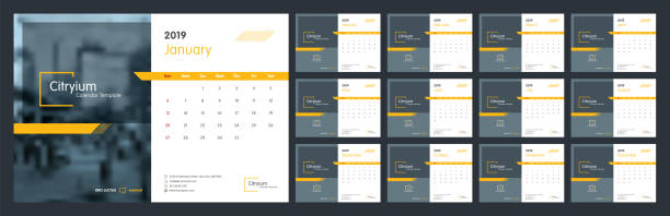 Calendar design for 2019 Calendar design for 2019. Week starts on Sun. Set of 12 calendar pages vector design print template with place for photo and company logo. Desk calendar template with white background. calendar photos stock illustrations