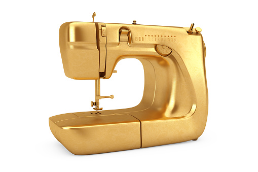 Golden Modern Sewing Machine on a white background. 3d Rendering