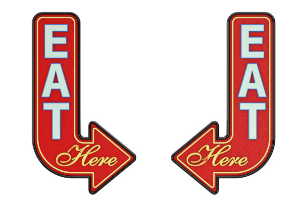 istock Vintage Rusty Metal Eat Here Arrow Sign. 3d Rendering 1058428866