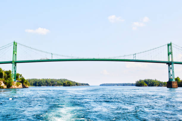 Constructed in 1937, the Thousand Islands International Bridge spans over the St. Lawrence River connecting New York, USA, with Ontario, Canada in the middle of the 1000 Islands region.