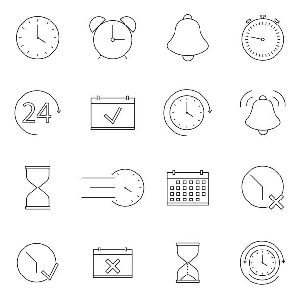 ilustrações, clipart, desenhos animados e ícones de conjunto simples de tempo relacionados com vetor linha de ícones. contém ícones como o timer, velocidade, alarme, restauração, gestão do tempo, calendário e muito mais. projeto liso - hourglass time timer measuring