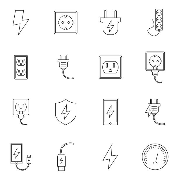 ilustrações de stock, clip art, desenhos animados e ícones de simple set of surge protector related vector line icons. contains such icons as american/european socket, usb charge, child protection and more. flat design - stopper