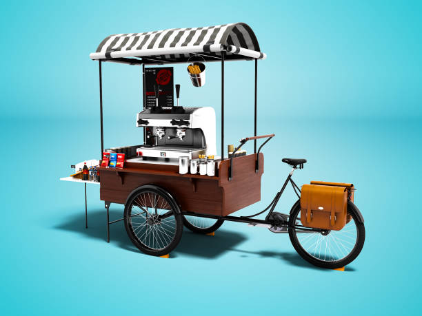 istock Modern cart with coffee machine 3d render on blue background with shadow 1058431794