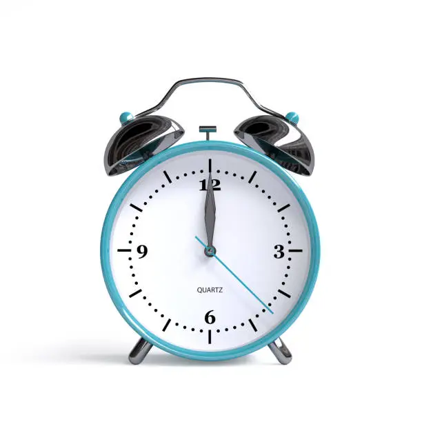Photo of Old alarm clock on white background - 12 o'clock - 3d illustration rendering