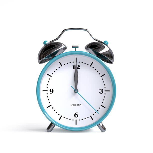 antigo relógio despertador em fundo branco - renderização de ilustração 3d - 12:00 - number 1 oclock single object clock - fotografias e filmes do acervo