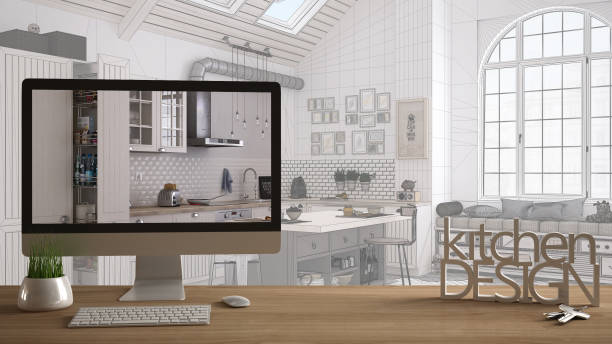istock Architect designer project concept, wooden table with house keys, 3D letters words kitchen design and desktop showing draft, blueprint CAD sketch in the background, white interior design 1058442712