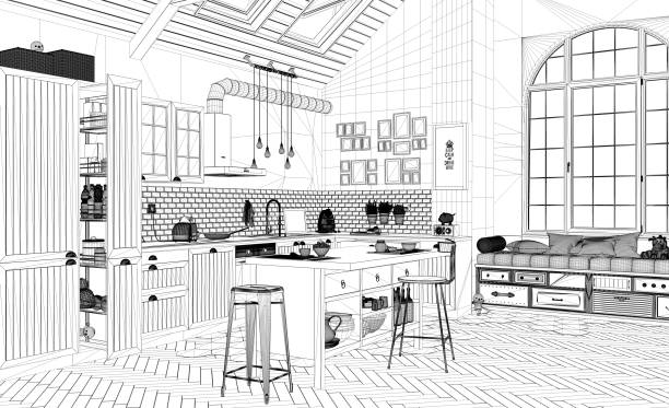 istock Interior design project, black and white ink sketch, architecture blueprint showing contemporary scandinavian kitchen 1058443000