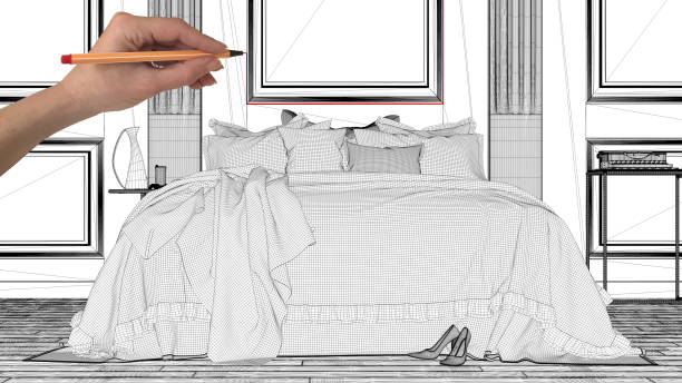 istock Interior design project concept, hand drawing custom architecture, black and white ink sketch, blueprint showing classic bedroom with wooden wall and double soft bed 1058443022